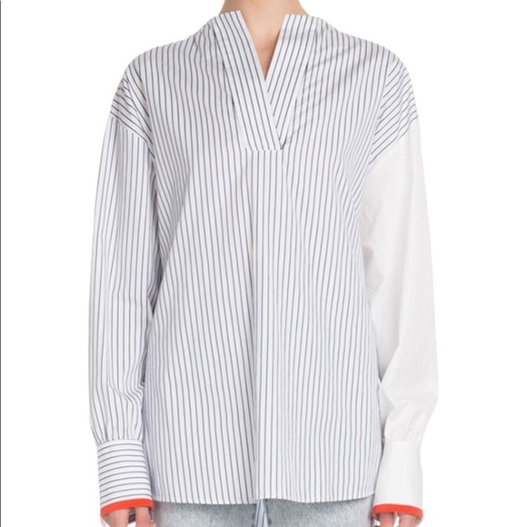 VICTORIA BECKHAM Split-Neck Long-Sleeve Pinstripe Cotton Blouse - Picture 1 of 5
